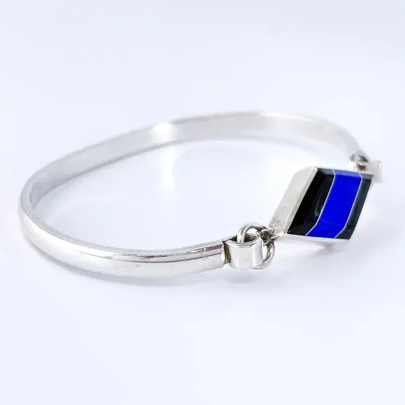 Estate Taxco Sterling Silver 925 Inlay Bracelet w/ Lapis & Onyx 7” - Picture 3 of 9